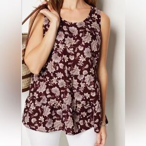 J. Jill 100% Love Linen Floral Sleeveless tiered Top blouse boho maroon White LG